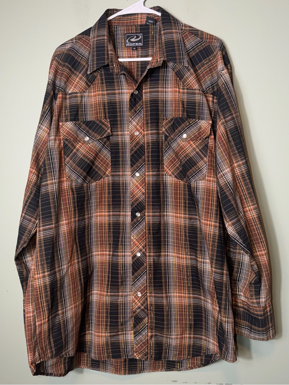 Roper Men's Orange & Black & Gold Plaid Western Pearl Snap shirt XL